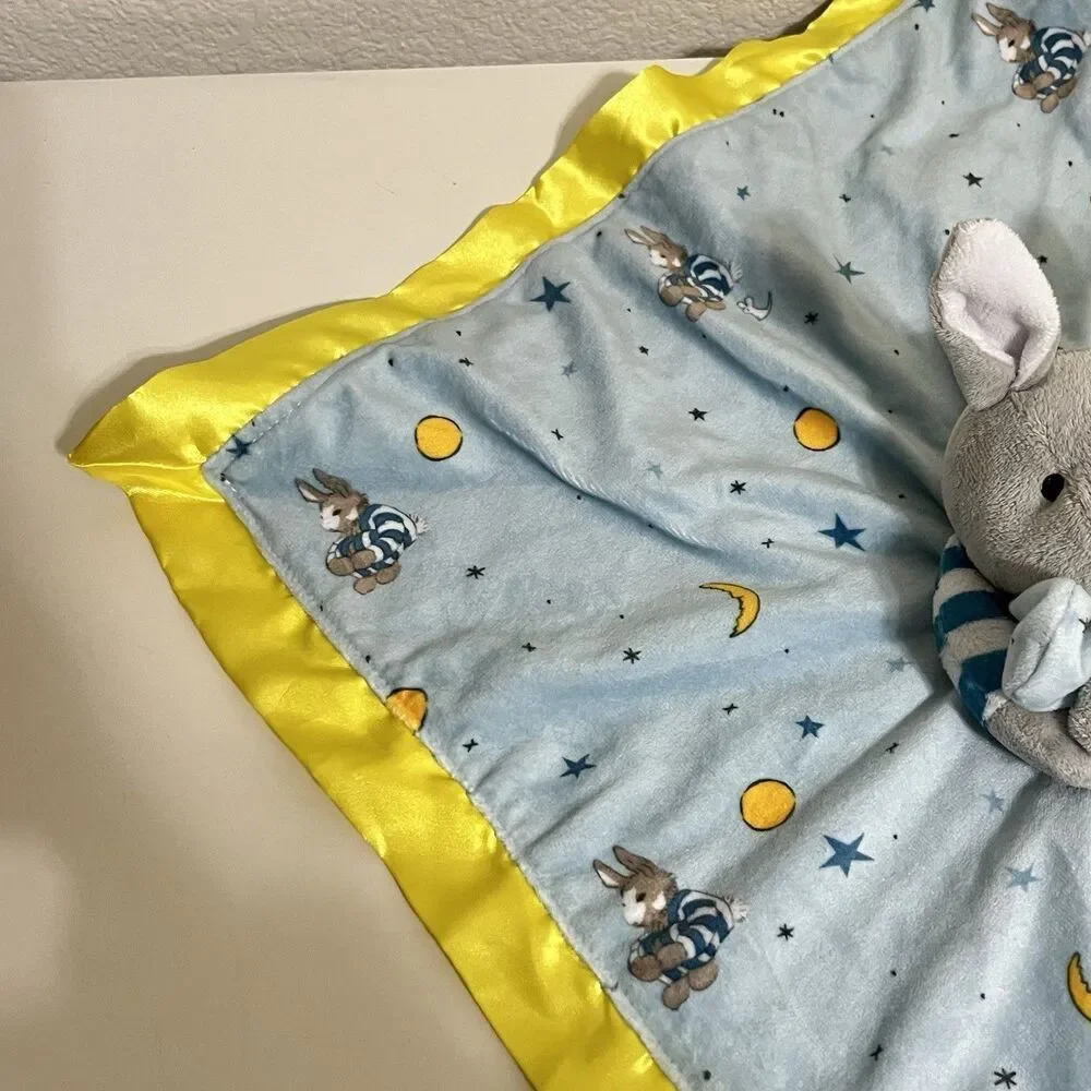 Goodnight Moon Bunny Security Blanket Lovey Lovie Blankie Blue Satin Trim